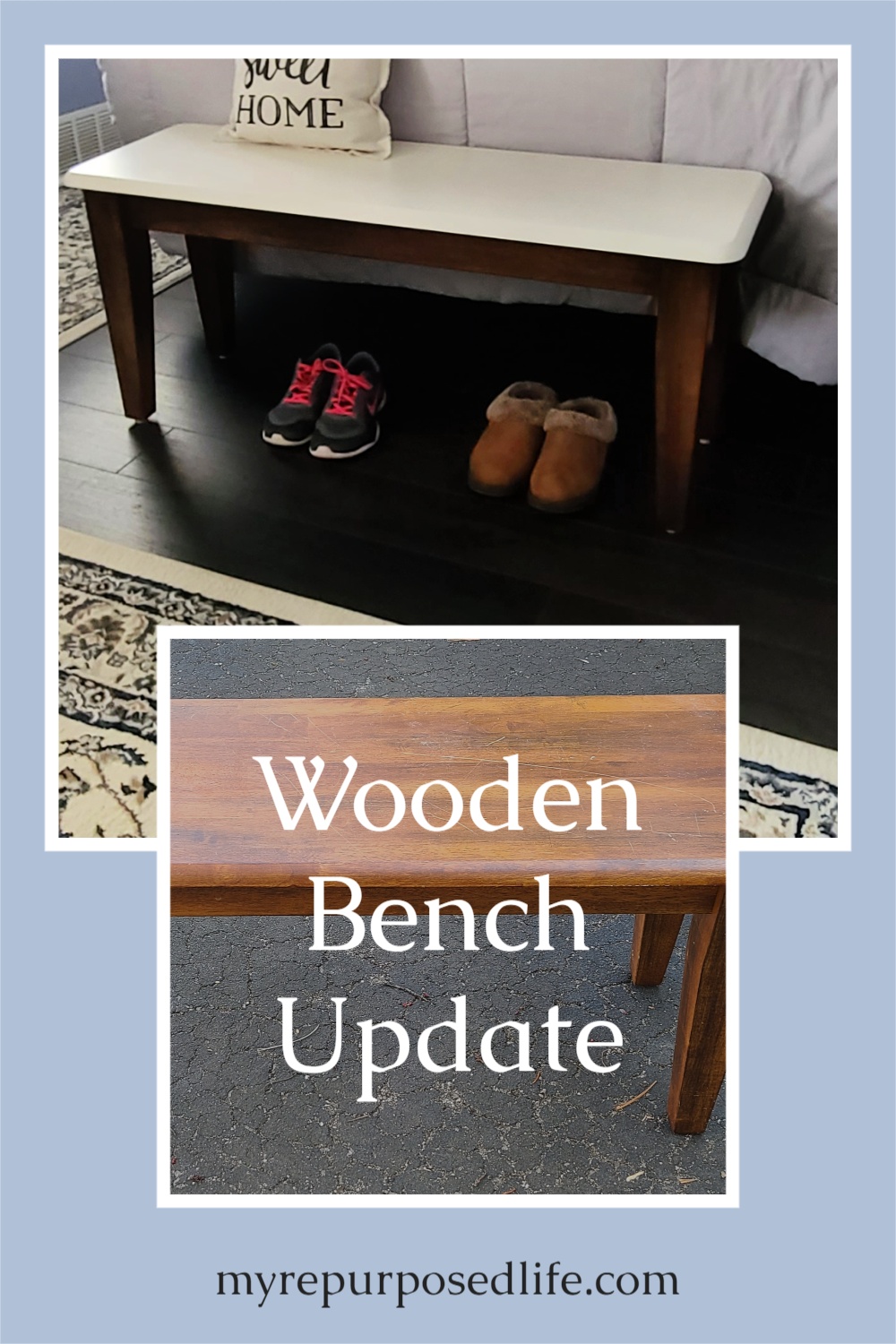 A wooden bench seat is great for so many uses and rooms. Perfect for end of the bed bench, dining table, or foyer. Easy makeover tutorial with paint and stain. #MyRepurposedLife #upcycle #benchseat #wooden #dining #endofbed via @repurposedlife