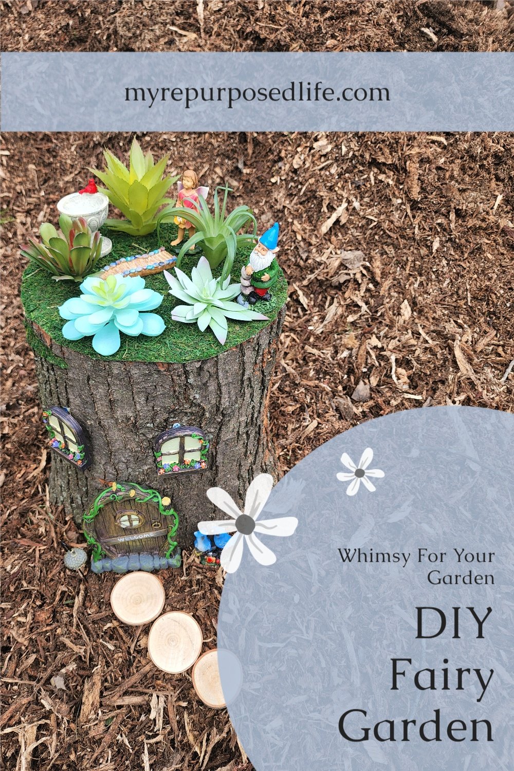 This so adorable fairy garden, tree stump, faux succulent project is perfect for your garden space or flower bed. Finding a tree stump may be easier than you think. Accessories came from the dollar store. #MyRepurposedLife #nationalgardeningday #fairygarden #garden #whimsical #decor via @repurposedlife