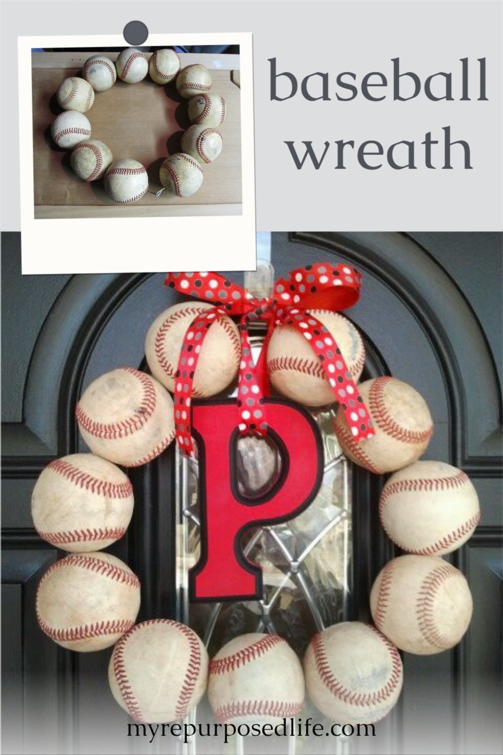 How to make a repurposed baseball wreath out of those special balls you've been saving. Perfect for the baseball fan's front door. #MyRepurposedLife #repurposed #baseball #wreath #playball via @repurposedlife