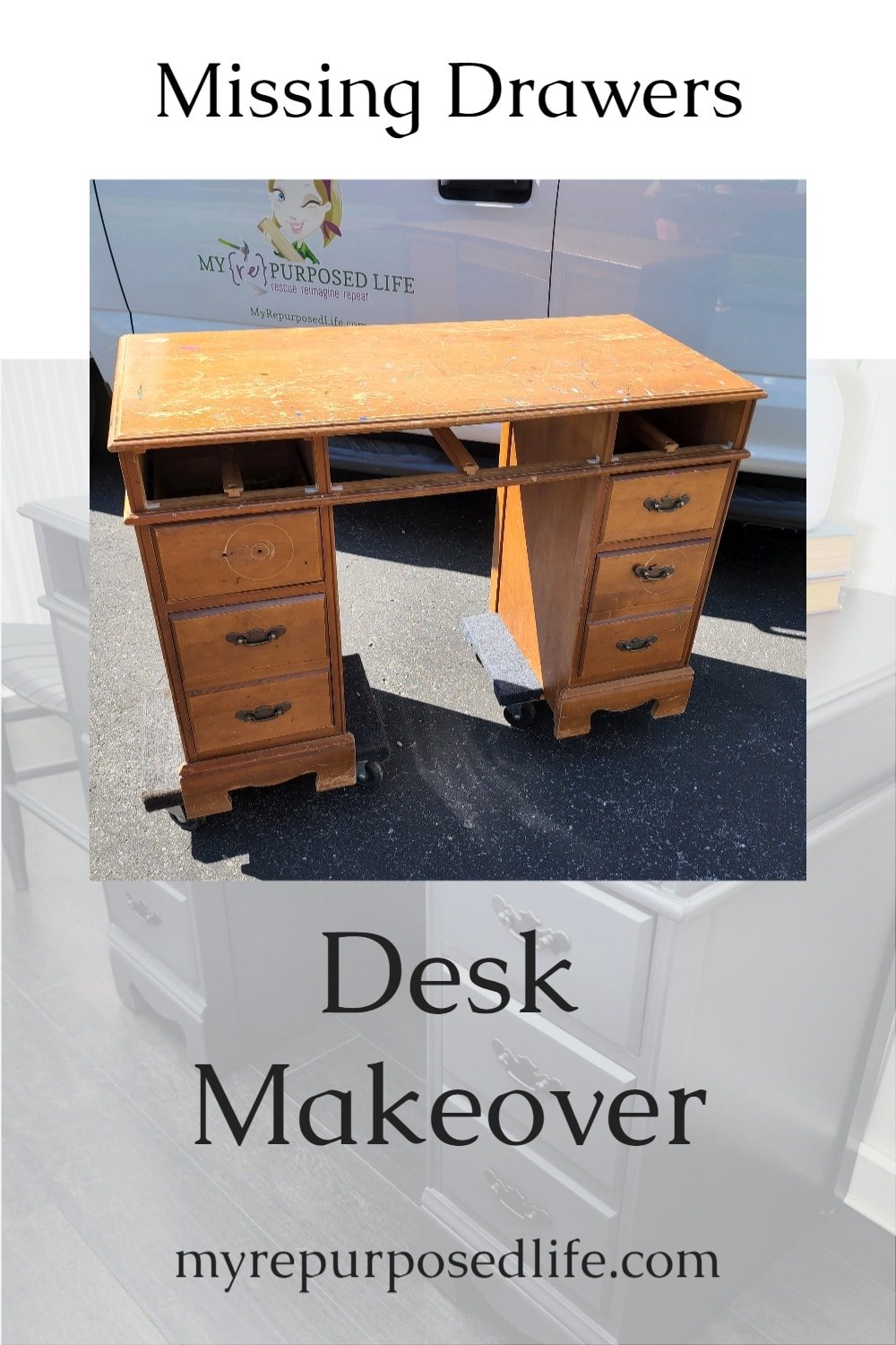 How to makeover a vintage desk with missing drawers. Tips for adding shelves, peek a boo drawers and more. A small desk is perfect for any room in the house. #MyRepurposedLife #desk #makeover #upcycle #missingdrawers #allinonepaint via @repurposedlife