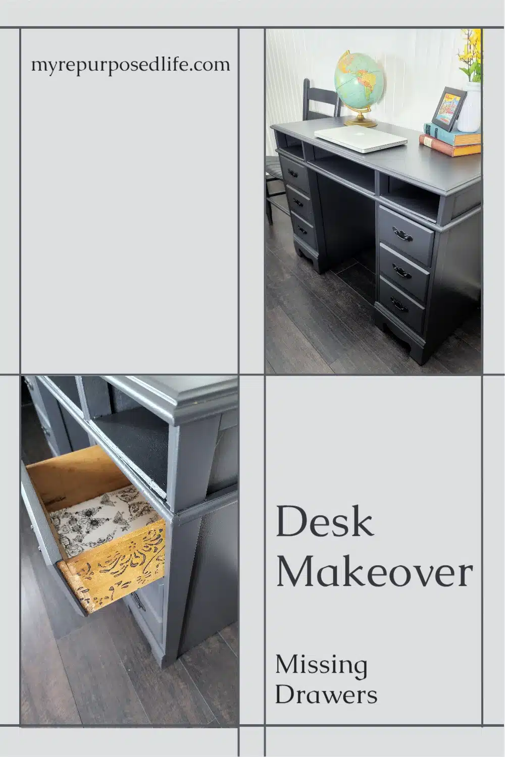 How to makeover a vintage desk with missing drawers. Tips for adding shelves, peek a boo drawers and more. A small desk is perfect for any room in the house. #MyRepurposedLife #desk #makeover #upcycle #missingdrawers #allinonepaint via @repurposedlife