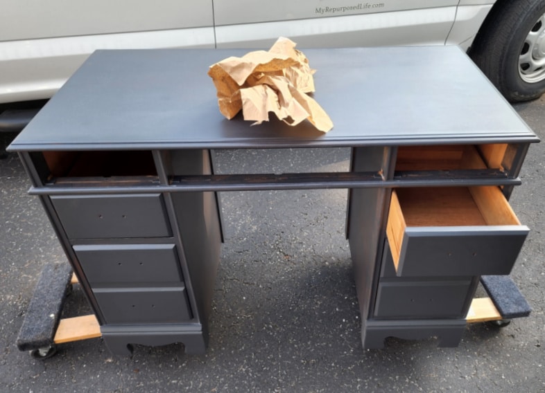 desk with first coat of paint