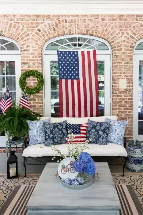 simple patriotic decor on porch