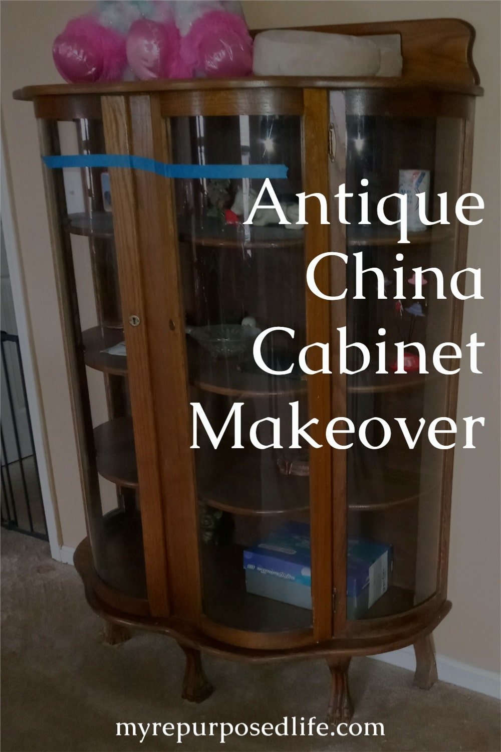 An outdated antique china cabinet gets a new lease on life with paint and some TLC. The curved glass is a bonus! Tips on painting and repairs. #upcycled #MyRepurposedLife #chinacabinet #antique #painting via @repurposedlife
