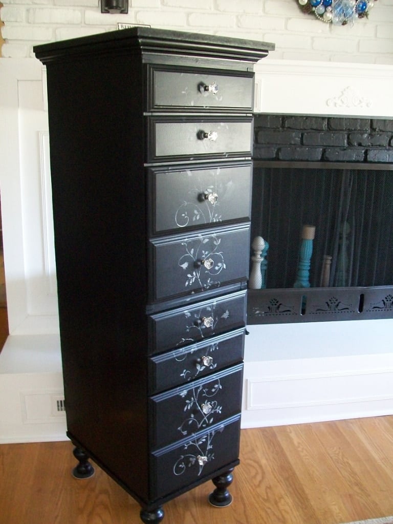 lingerie chest finished, shown in front of a fireplace