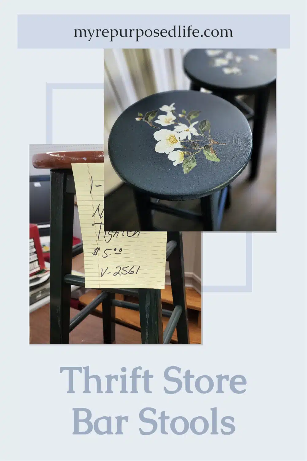 How to repair, paint and embellish a pair of broken down thrift store bar stools. These Navy blue bar stools get a great new look, after a decoupage failure. #MyRepurposedLife #upcycle #thriftstore #barstools #deocoupage #failure #rub-on #transfer via @repurposedlife