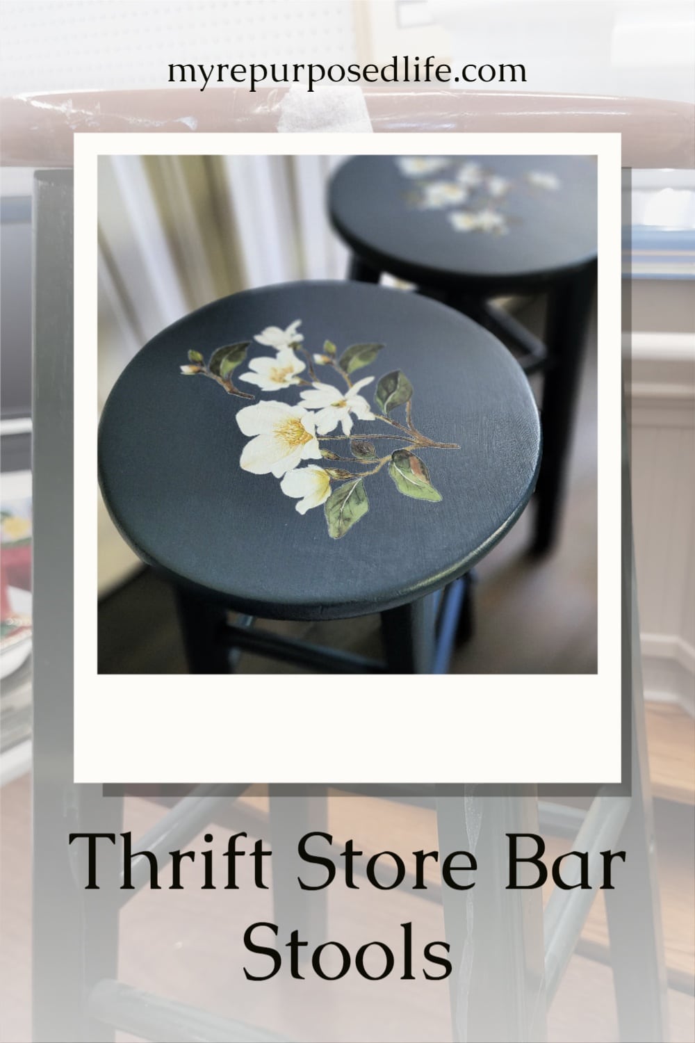 How to repair, paint and embellish a pair of broken down thrift store bar stools. These Navy blue bar stools get a great new look, after a decoupage failure. #MyRepurposedLife #upcycle #thriftstore #barstools #deocoupage #failure #rub-on #transfer via @repurposedlife