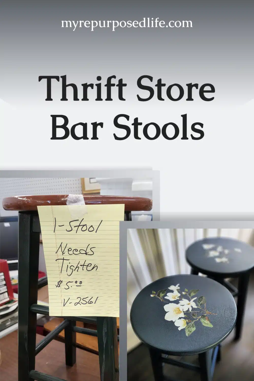 How to repair, paint and embellish a pair of broken down thrift store bar stools. These Navy blue bar stools get a great new look, after a decoupage failure. #MyRepurposedLife #upcycle #thriftstore #barstools #deocoupage #failure #rub-on #transfer via @repurposedlife