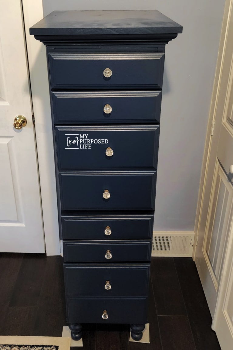 navy blue lingerie chest with glass knobs