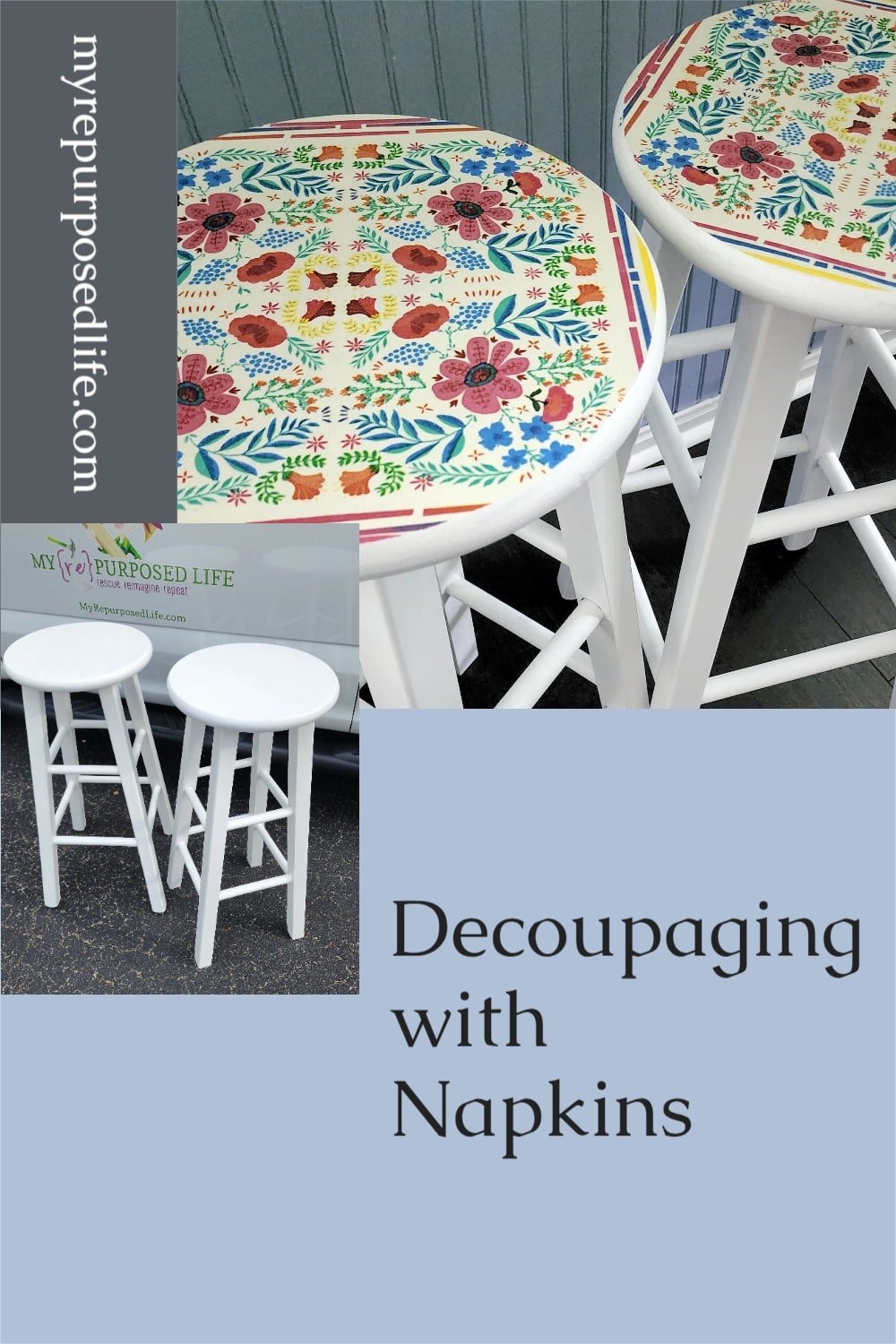 Simple project, decoupage bar stools with napkins. How to get the best look when using mod podge. Decoupage instructions included with tips to help you succeed with your next furniture project. #MyRepurposedLife #upcycle #barstools #decoupage #modpodge via @repurposedlife