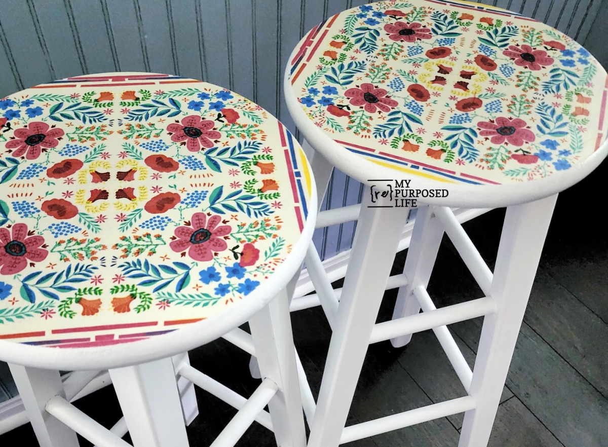 colorful boho decoupaged bar stools