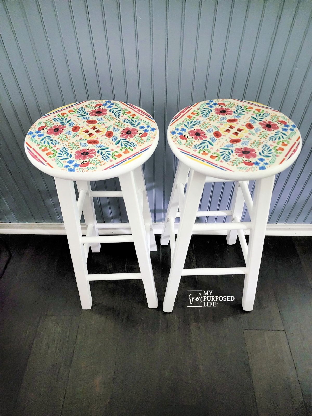 pretty white boho decoupaged bar stools
