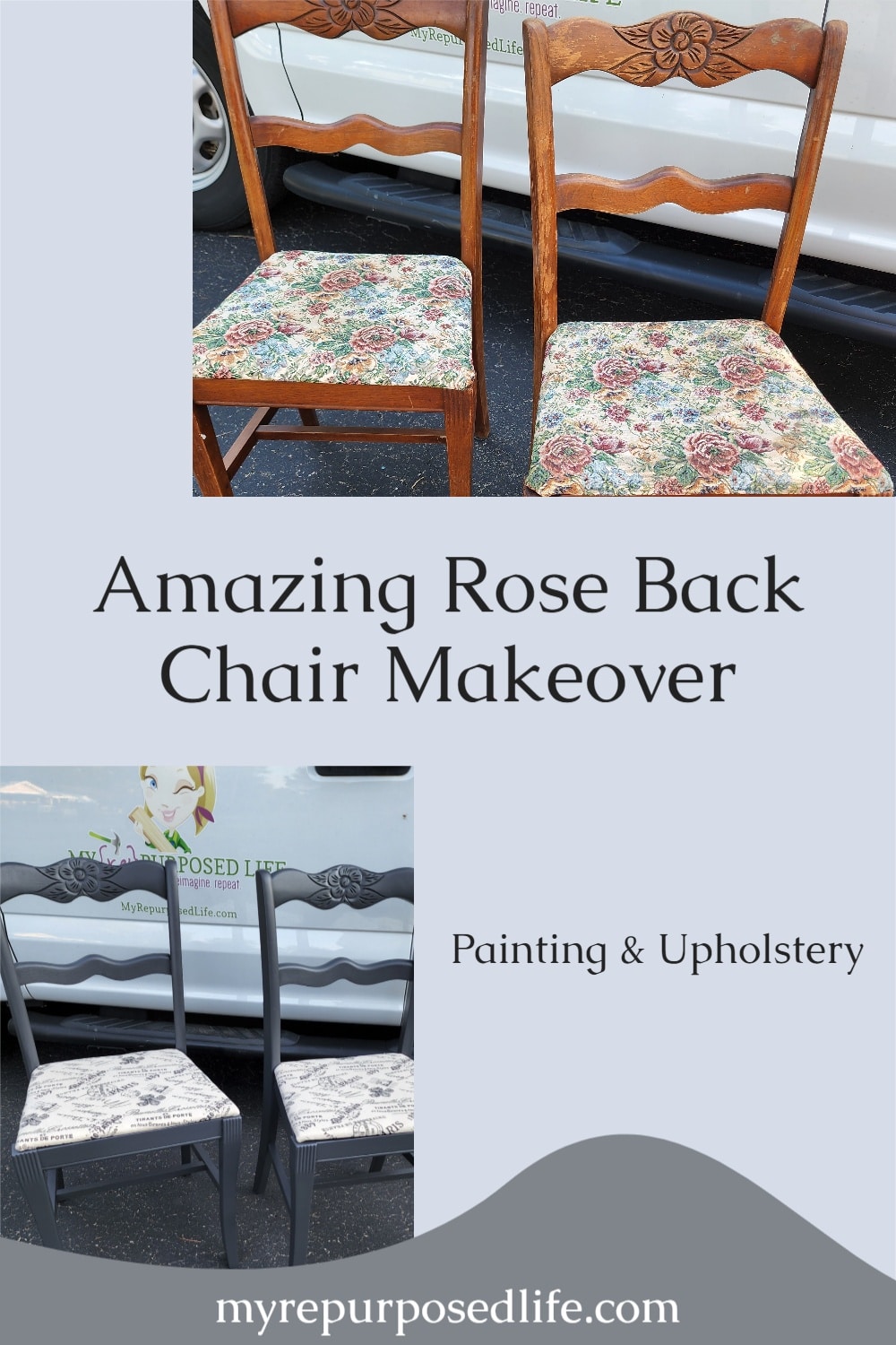A step by step guide to show you how the do a rose back chair makeover. Yep, I'll show you tips for painting and reupholstering the seat. A tutorial that will help you makeover any dining chair you have. #myrepurposedlife #upcycle #roseback #diningchair #painting #reupholstery #diy #thriftstore via @repurposedlife