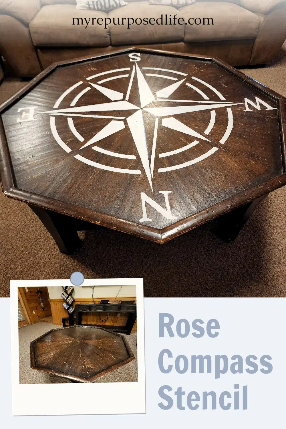 How to use a compass rose stencil to upcycle a used coffee table. Tips for using an extra large stencil under less than ideal circumstances. #MyRepurposedLife via @repurposedlife