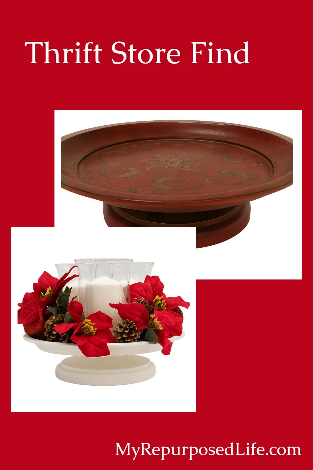 How to change up a thrift store platter with spray paint into a pretty new Christmas decor project. #MyRepurposedLife #upcycle #Christmasdecor #Christmas via @repurposedlife