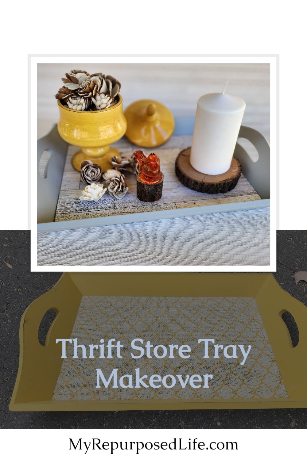 Thrift stores have tons of cheap trays. How about a tray makeover with spray paint and wallpaper? Lots of tips and tricks to make this an easy project. #MyRepurposedLife #upcycle #thrift #tray via @repurposedlife