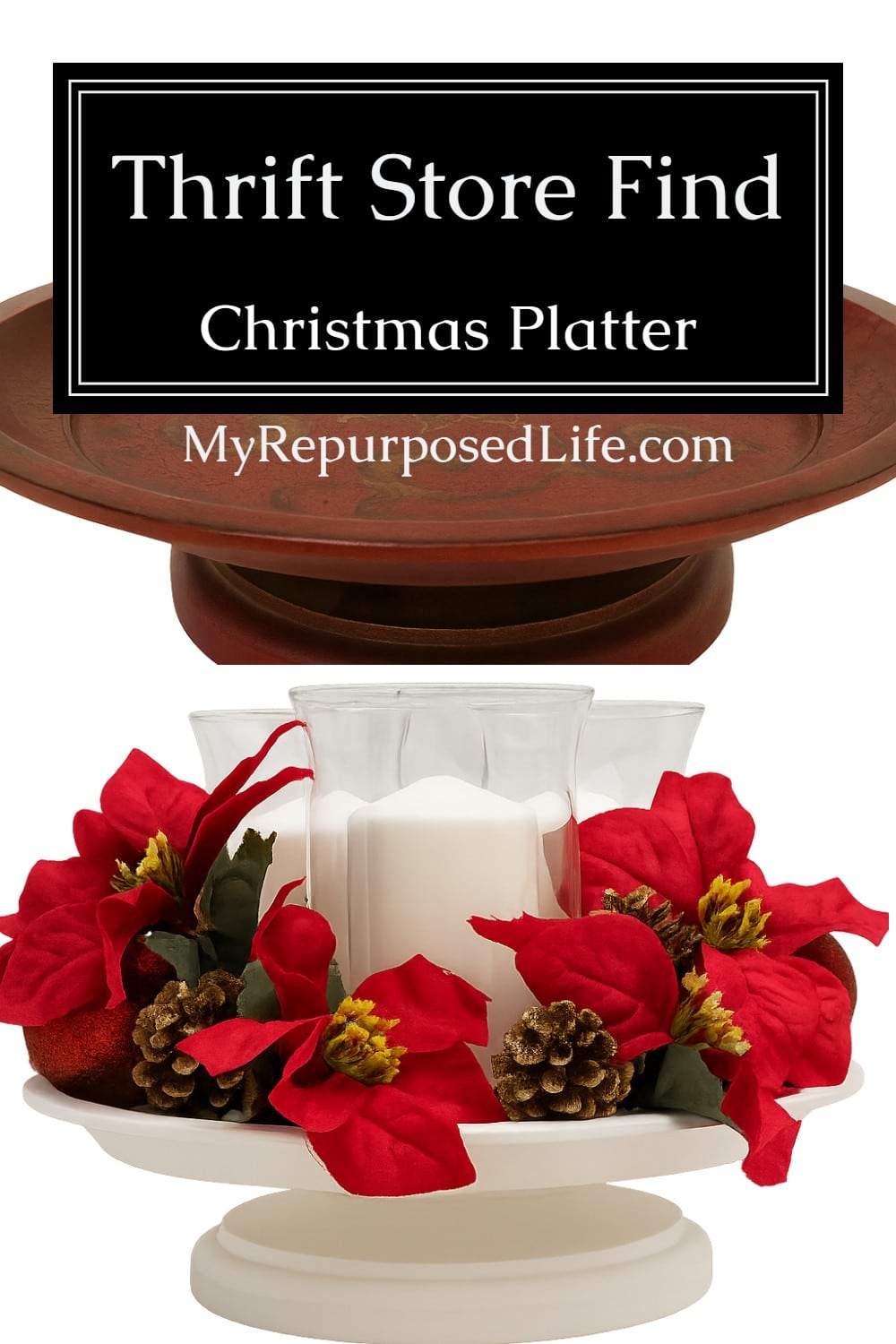 thrift store pedestal platter as Christmas decor