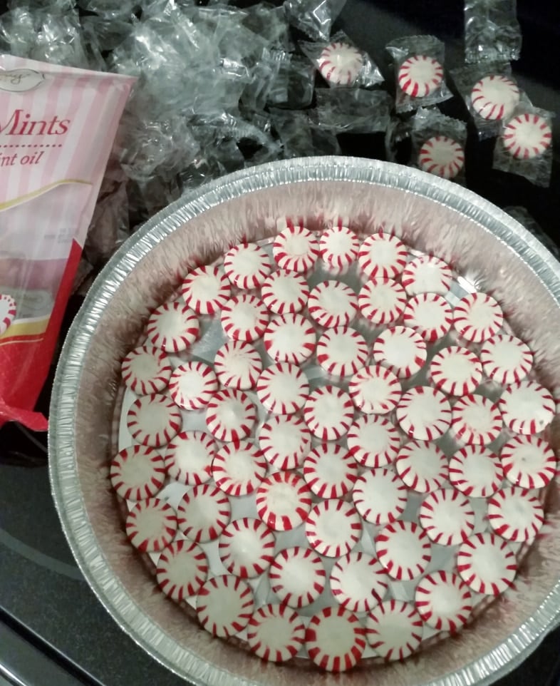 peppermint candies in a aluminum pan