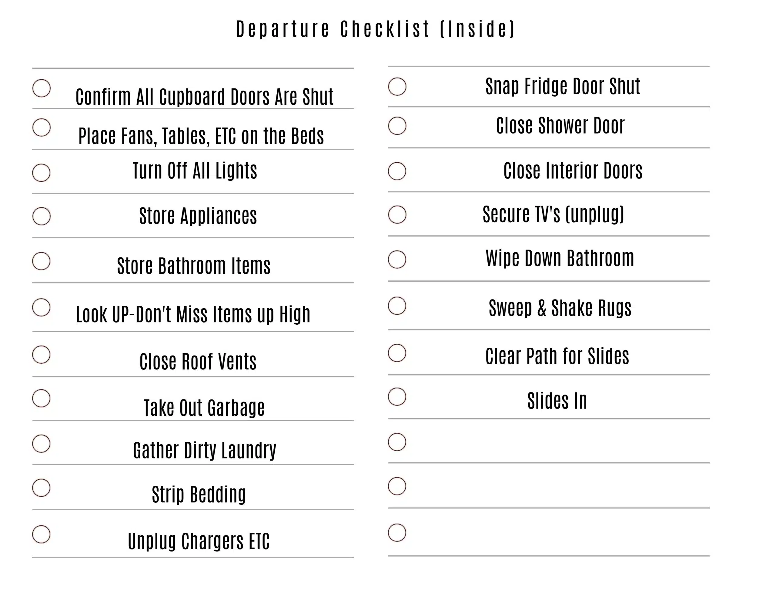 indoor RV checklist