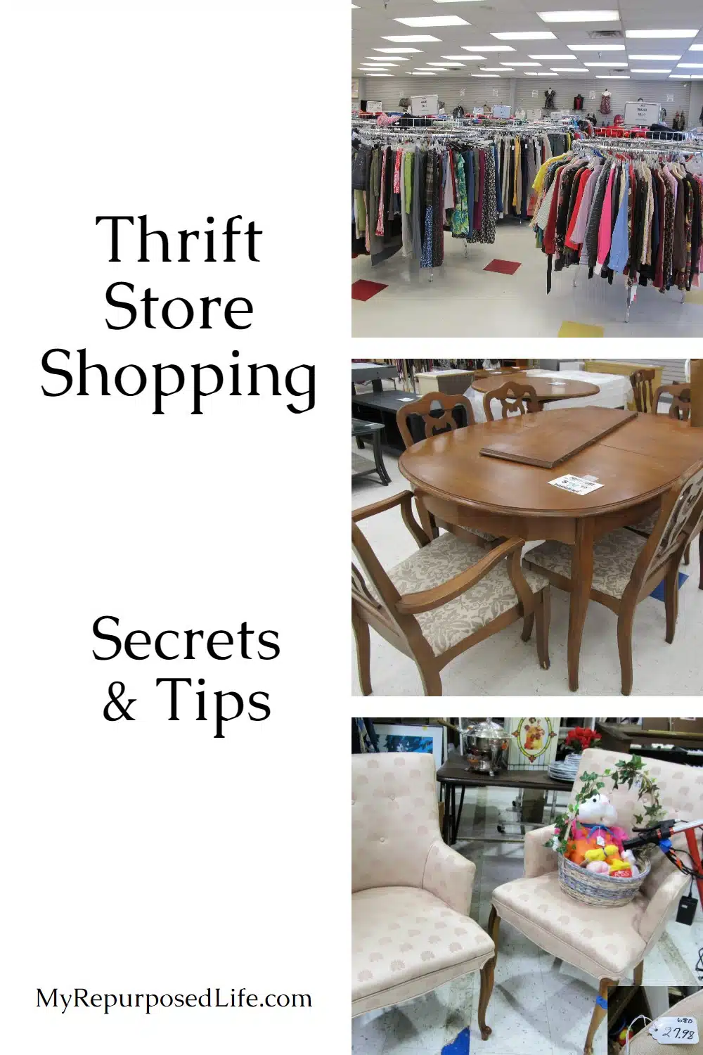 Thrift Store Shopping experts share their best tips and secrets to help you navigate thrift stores for the best deals. WHERE, WHEN, HOW to get the best deals. #MyRepurposedLife #thrifting #thriftshopping via @repurposedlife