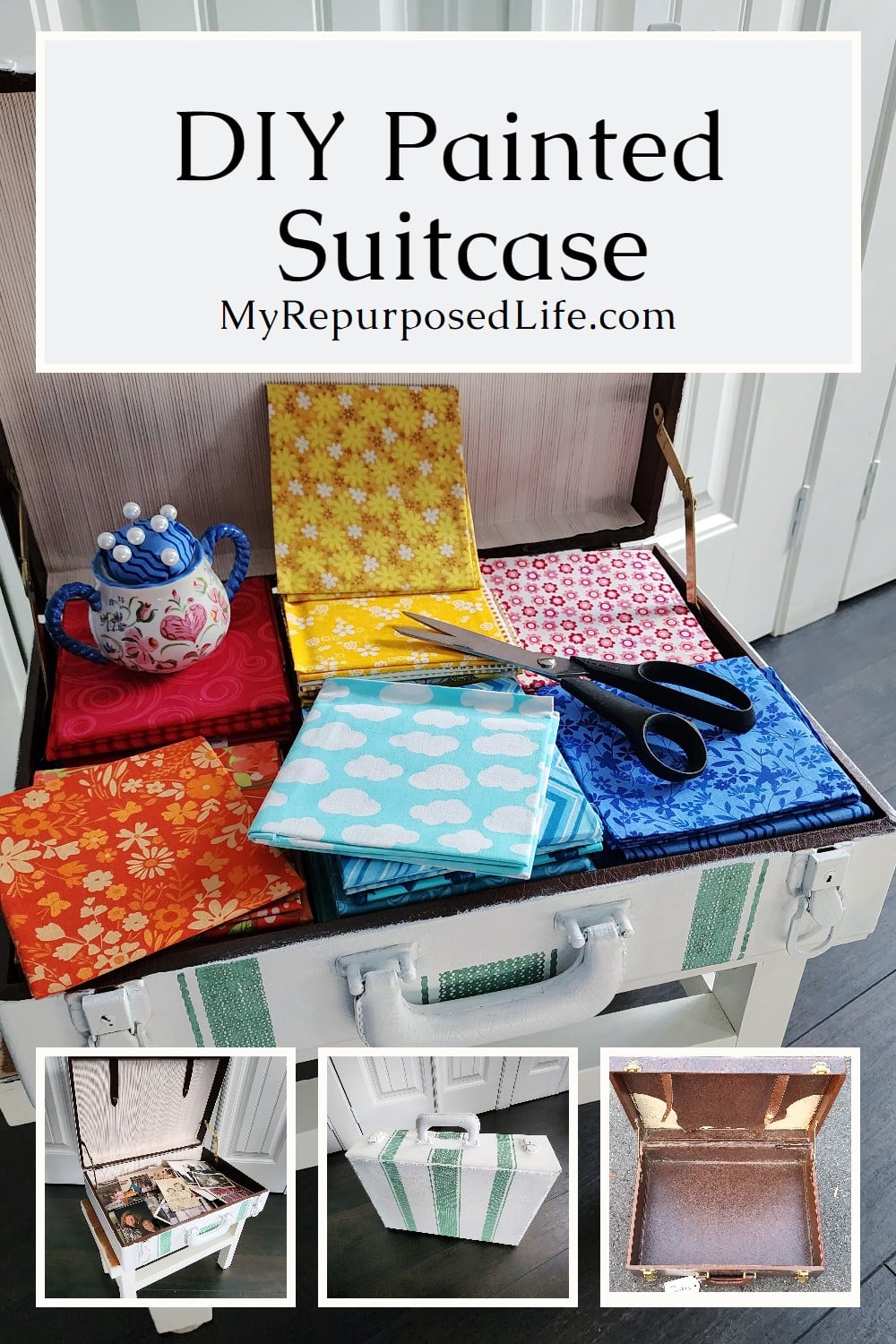 A DIY painted suitcase is perfect for storing sewing or craft supplies. It's a great way to keep old photos handy for sharing. You can even make a pet bed. A dozen ways to use a suitcase as storage and decor. #MyRepurposedLife via @repurposedlife