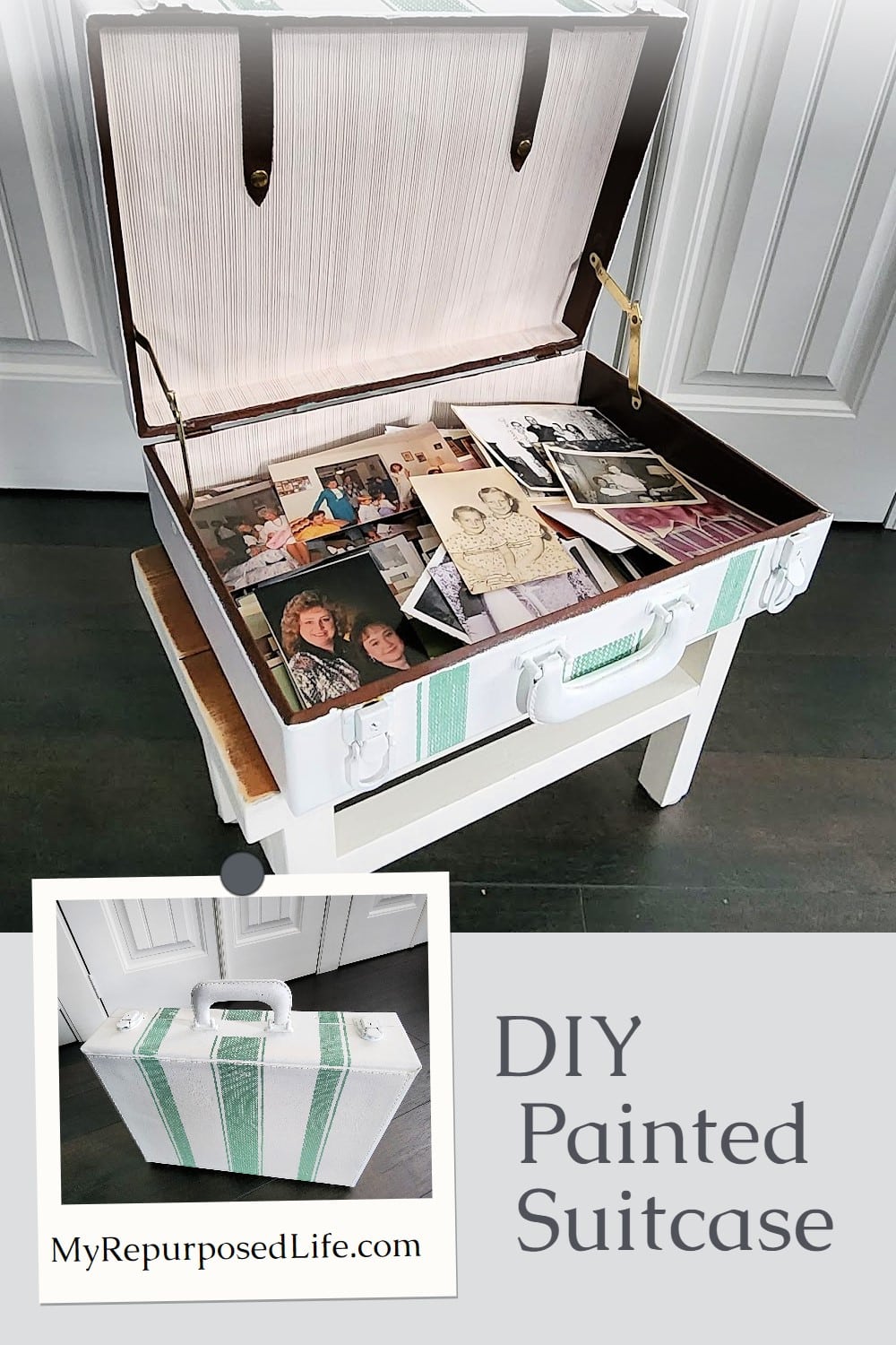 A DIY painted suitcase is perfect for storing sewing or craft supplies. It's a great way to keep old photos handy for sharing. You can even make a pet bed. A dozen ways to use a suitcase as storage and decor. #MyRepurposedLife via @repurposedlife