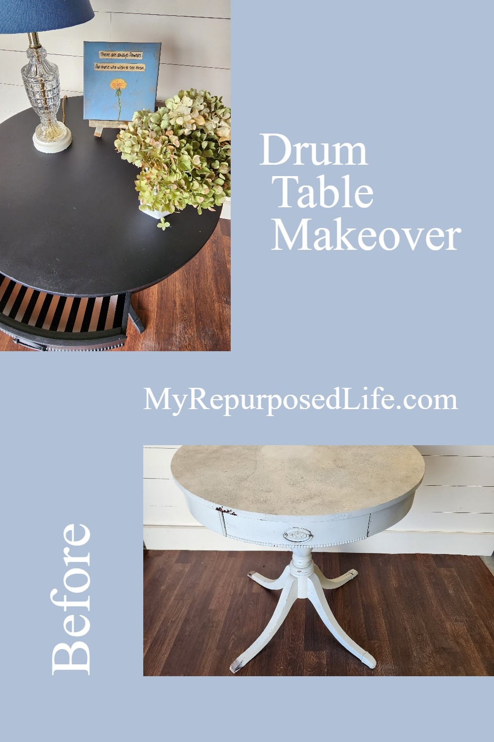 A less than perfect drum table gets a much needed update with a little paint and TLC. Great tips for using milk paint without waxing or sealing. #myrepurposedlife #furniturefixerupper via @repurposedlife
