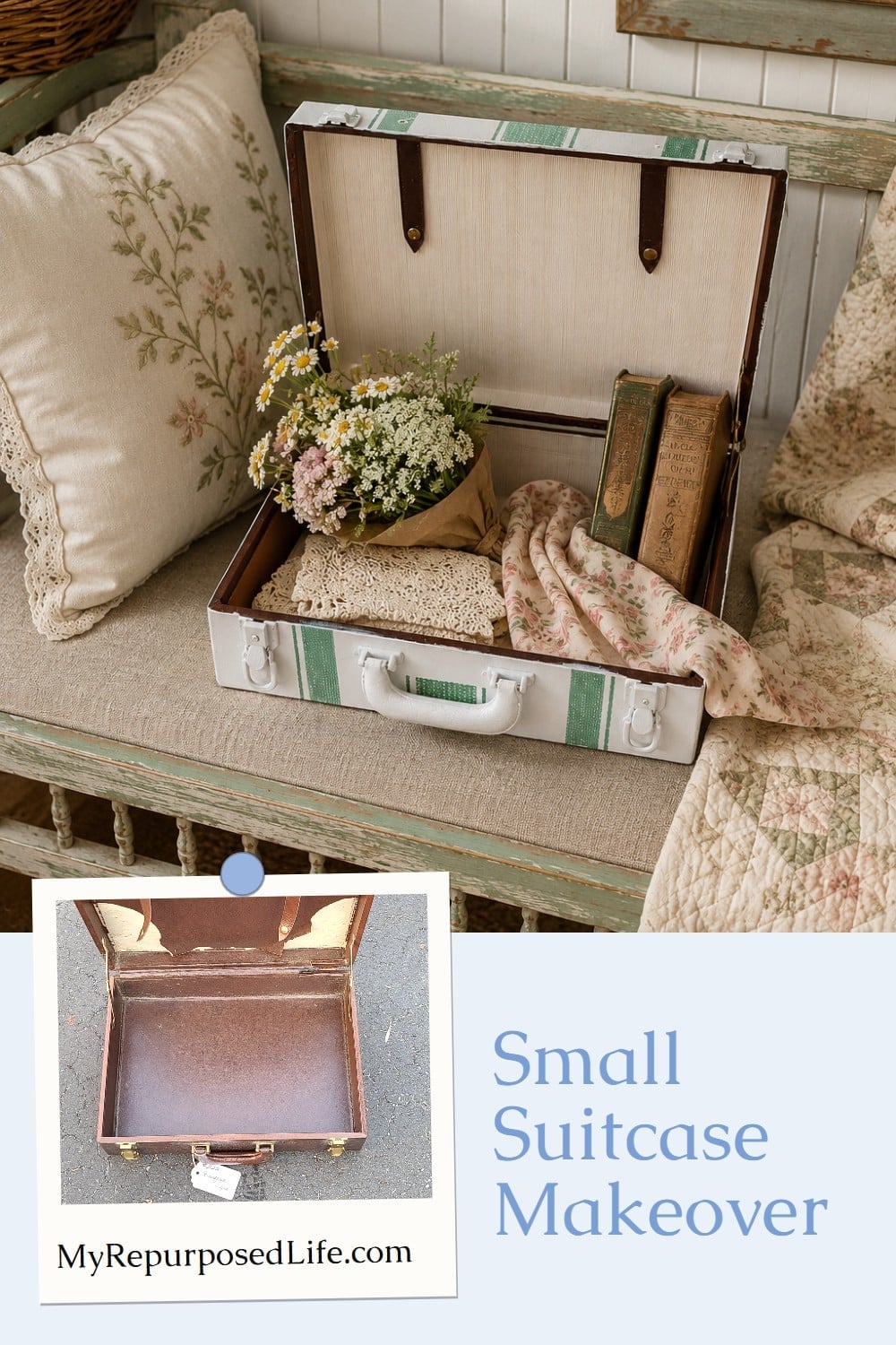 A DIY painted suitcase is perfect for storing sewing or craft supplies. It's a great way to keep old photos handy for sharing. You can even make a pet bed. A dozen ways to use a suitcase as storage and decor. #MyRepurposedLife via @repurposedlife