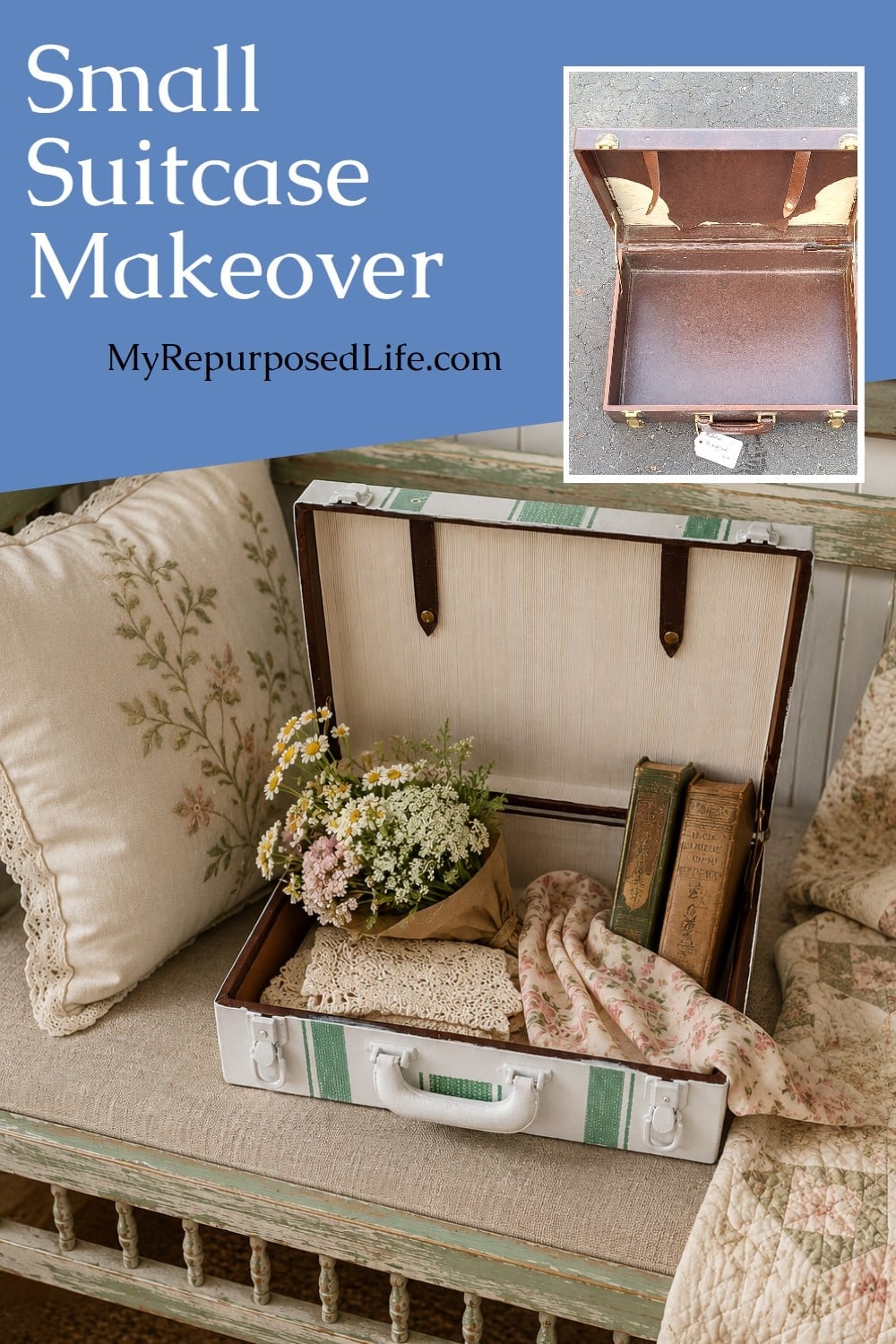 A DIY painted suitcase is perfect for storing sewing or craft supplies. It's a great way to keep old photos handy for sharing. You can even make a pet bed. A dozen ways to use a suitcase as storage and decor. #MyRepurposedLife via @repurposedlife