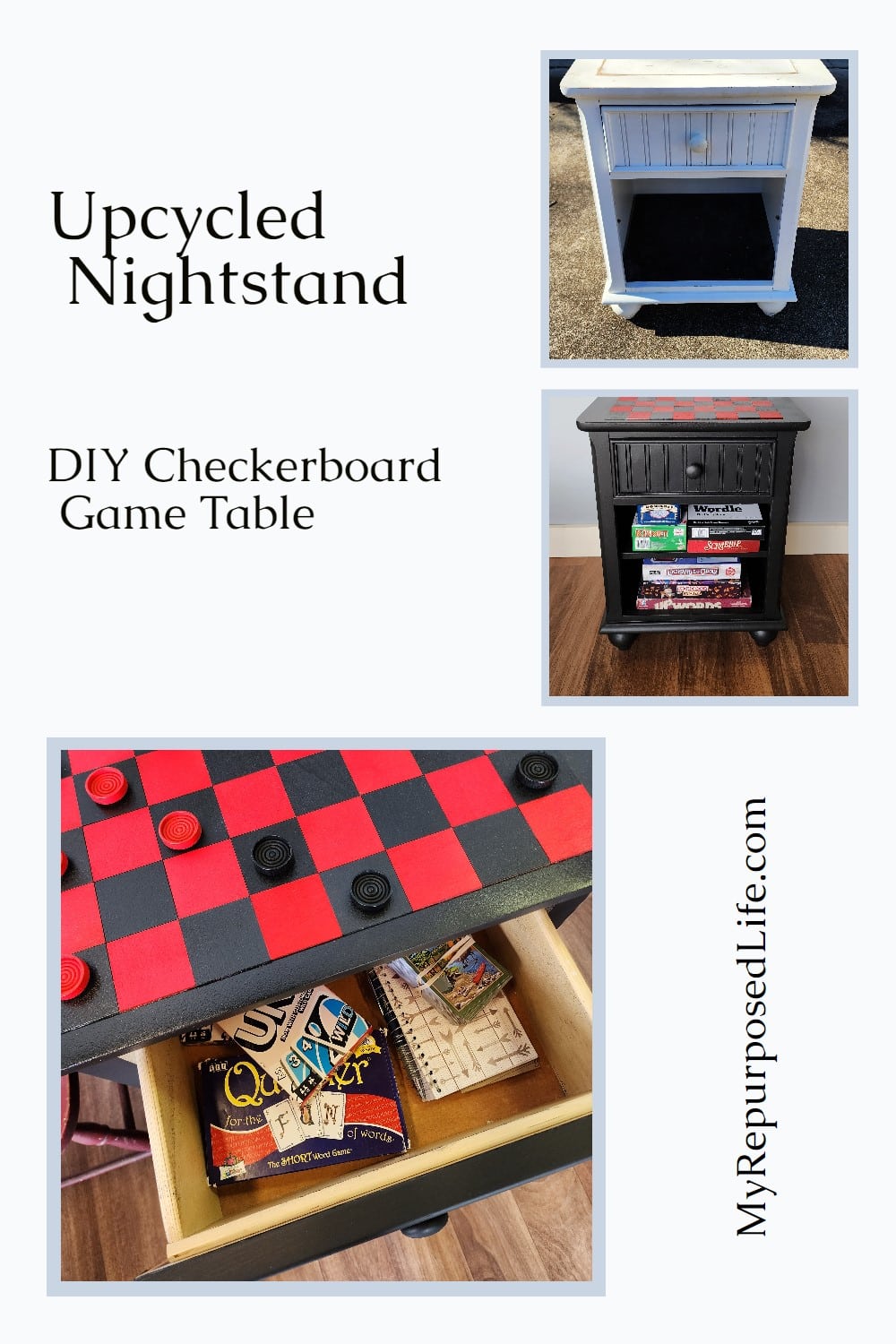 How to transform an old nightstand into a checkerboard game table. With a shelf and a drawer the storage is plentiful for storing games, checkers and more. #MyRepurposedLife #gametable #diy via @repurposedlife
