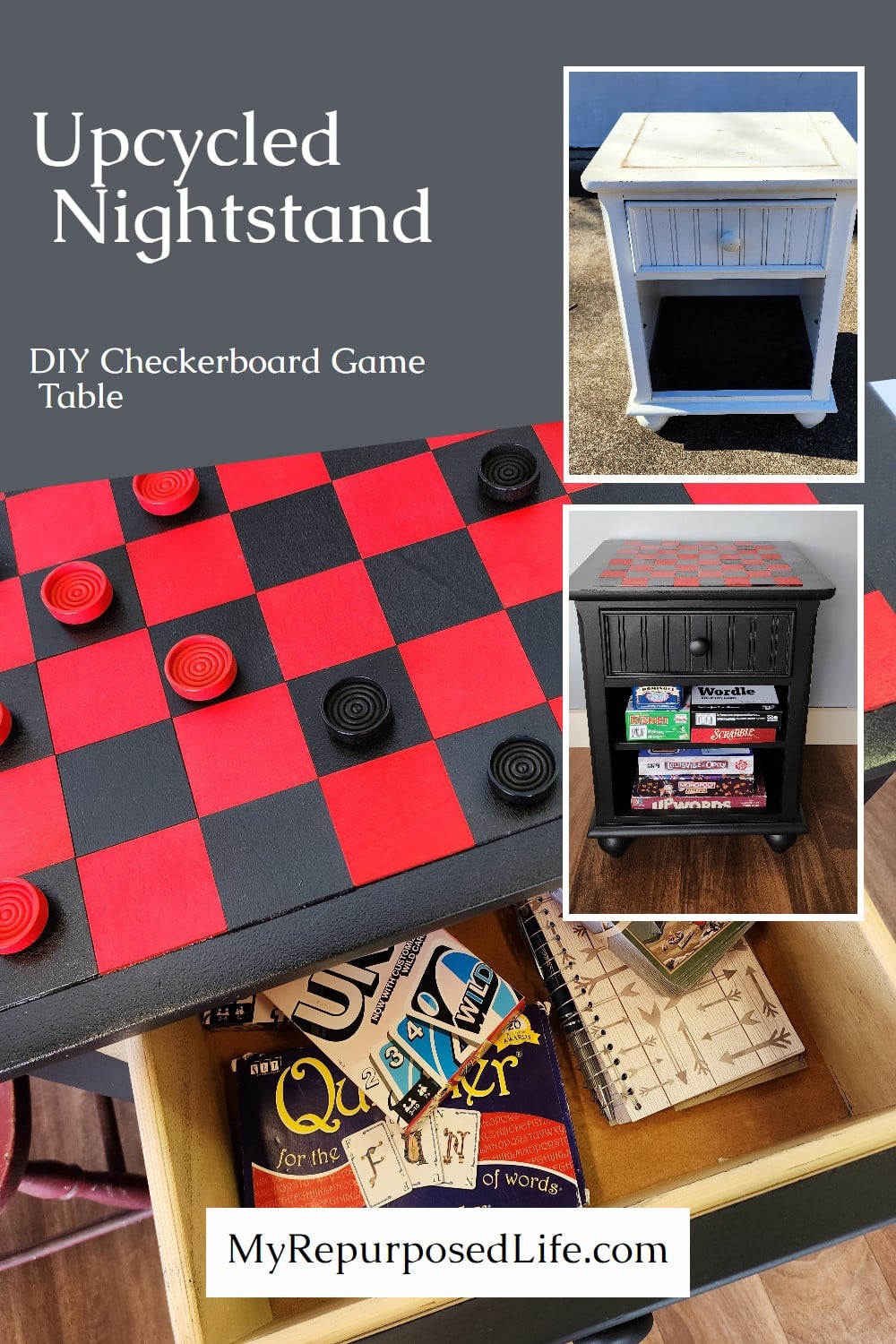 How to transform an old nightstand into a checkerboard game table. With a shelf and a drawer the storage is plentiful for storing games, checkers and more. #MyRepurposedLife #gametable #diy via @repurposedlife