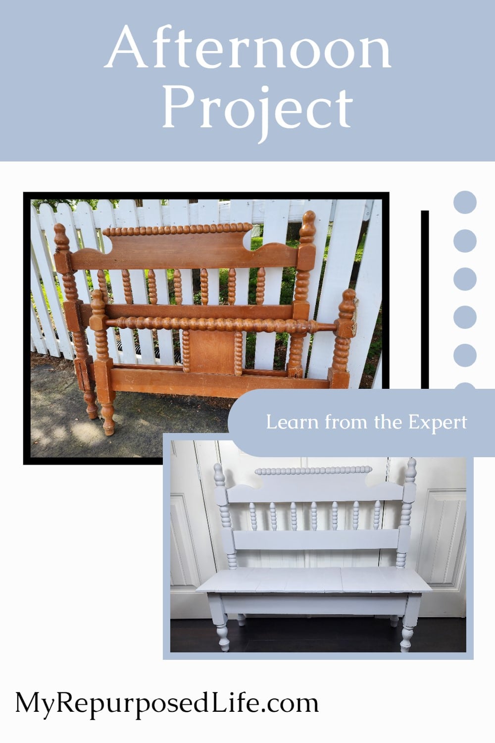 Transform an old headboard into a stunning piece of furniture with the help of an expert! In just one afternoon, you can build a beautiful headboard bench that adds charm and functionality to your home decor. Our step-by-step instructions and guidance from an expert will help you create a one-of-a-kind piece that will impress your guests. So why not give it a try and build your own headboard bench today? #headboardbench #DIYfurniture via @repurposedlife