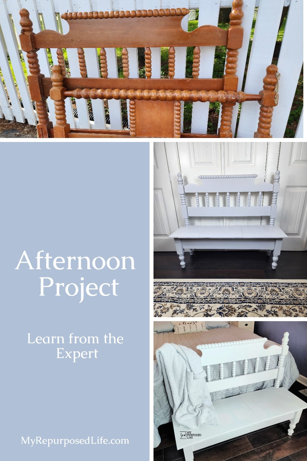Transform an old headboard into a stunning piece of furniture with the help of an expert! In just one afternoon, you can build a beautiful headboard bench that adds charm and functionality to your home decor. Our step-by-step instructions and guidance from an expert will help you create a one-of-a-kind piece that will impress your guests. So why not give it a try and build your own headboard bench today? #headboardbench #DIYfurniture via @repurposedlife