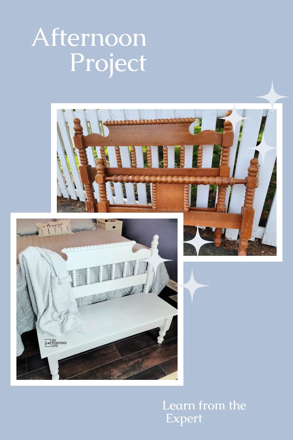 Transform an old headboard into a stunning piece of furniture with the help of an expert! In just one afternoon, you can build a beautiful headboard bench that adds charm and functionality to your home decor. Our step-by-step instructions and guidance from an expert will help you create a one-of-a-kind piece that will impress your guests. So why not give it a try and build your own headboard bench today? #headboardbench #DIYfurniture via @repurposedlife