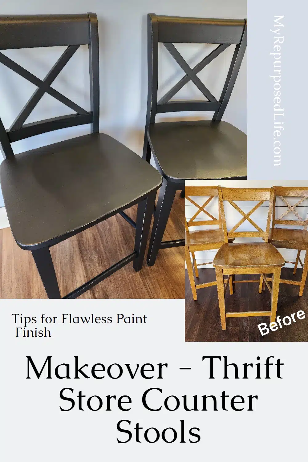 Thrift store X back counter stools get a flawless paint finish makeover and update. Sav $300 by shopping second hand and doing it yourself. #MyRepurposedLife #counterstools #thriftstore via @repurposedlife