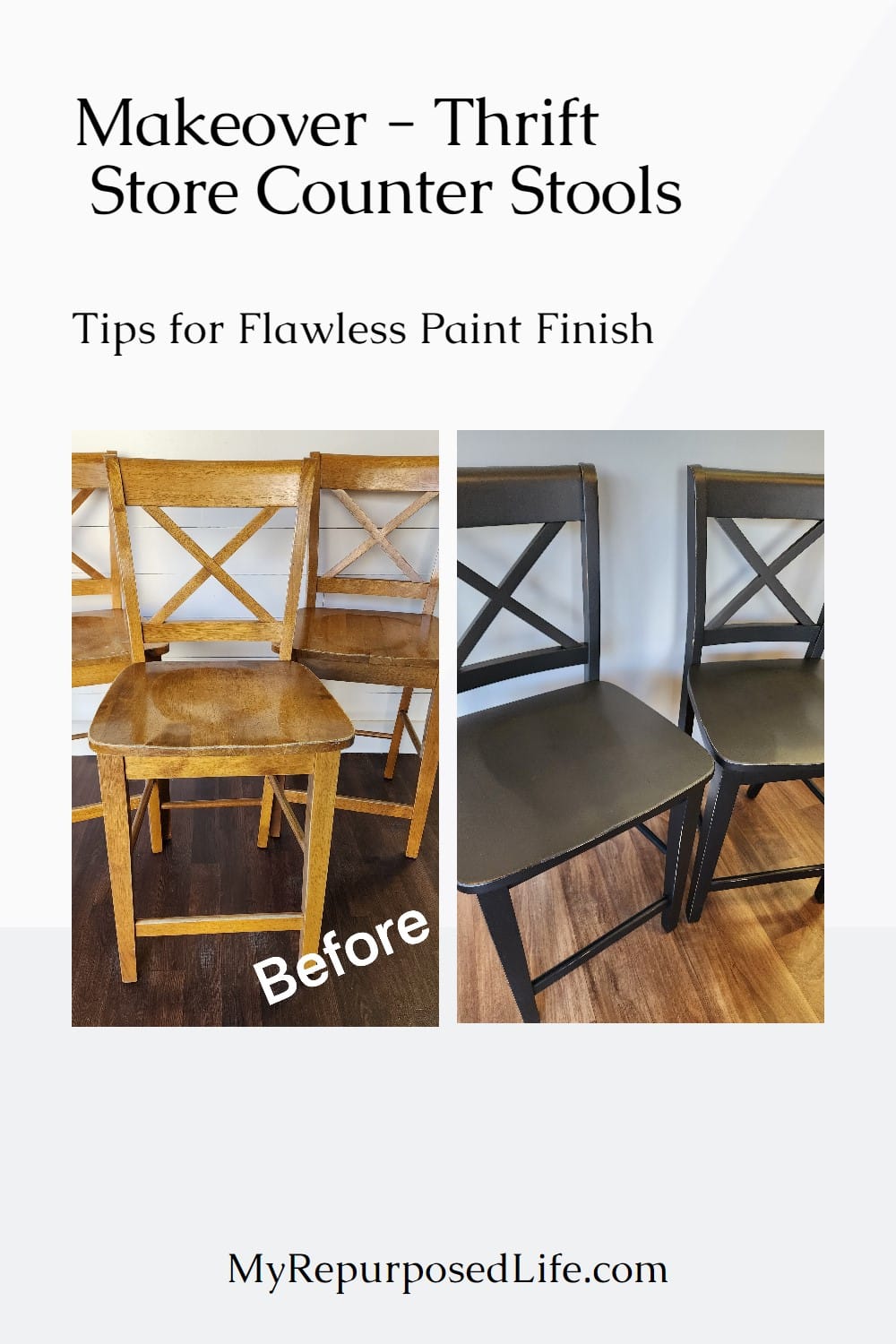 Thrift store X back counter stools get a flawless paint finish makeover and update. Sav $300 by shopping second hand and doing it yourself. #MyRepurposedLife #counterstools #thriftstore via @repurposedlife