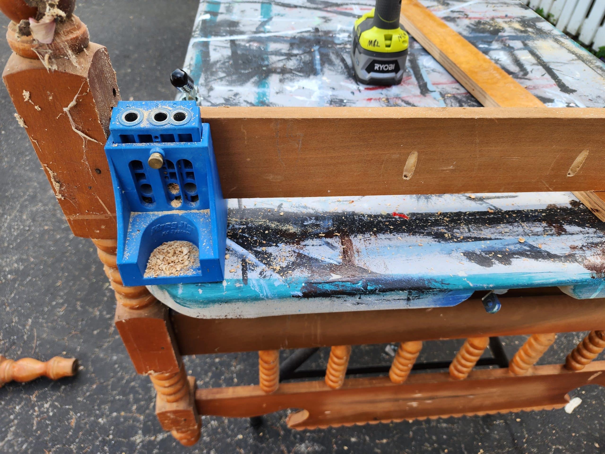 making pocket holes on a headboard bench