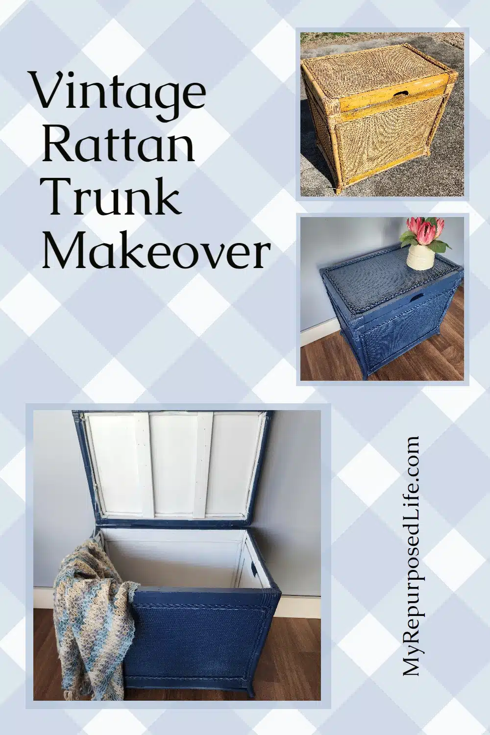 How to give a wicker or rattan trunk an easy makeover. Make repairs, prime, paint an outdated piece of wicker furniture. #MyRepurposedLife via @repurposedlife