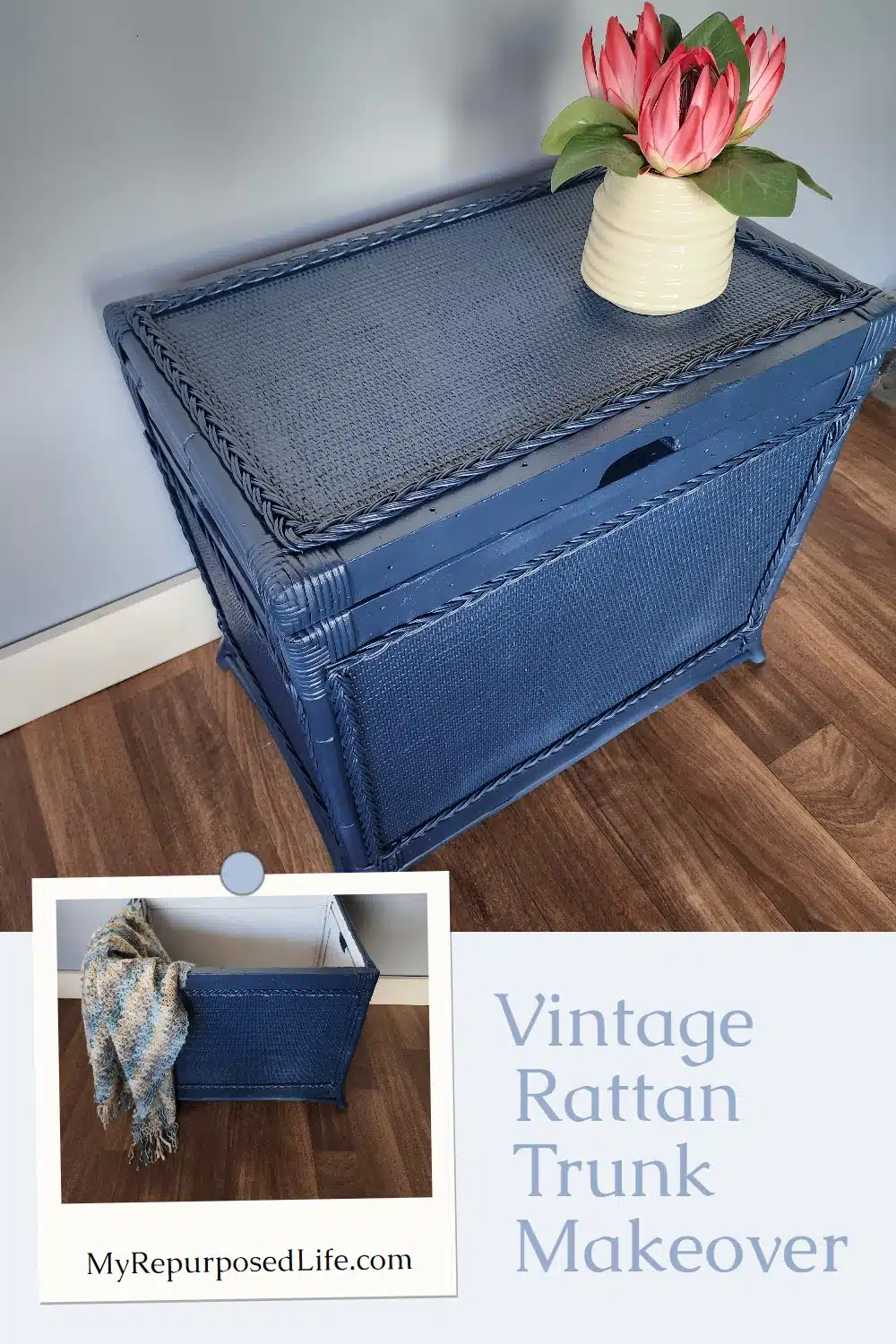 How to give a wicker or rattan trunk an easy makeover. Make repairs, prime, paint an outdated piece of wicker furniture. #MyRepurposedLife via @repurposedlife