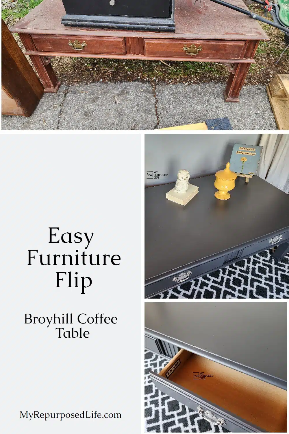 Easy furniture flip with paint and a paint sprayer. An extra large Broyhill coffee table found on the road gets a new lease on life. #MyRepurposedLife via @repurposedlife