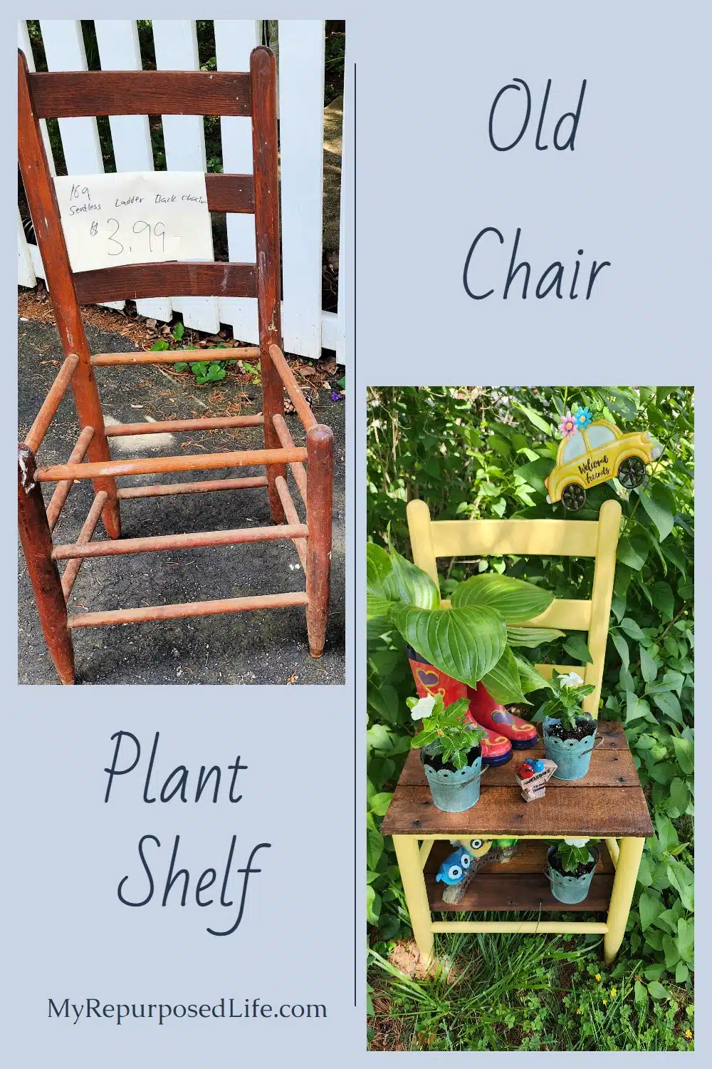 How to make a garden chair shelf out of an old ladder back chair. Tips for using pallet boards as the shelving. Easy chair upcycle. Use as a plant stand or a portable potting bench. via @repurposedlife