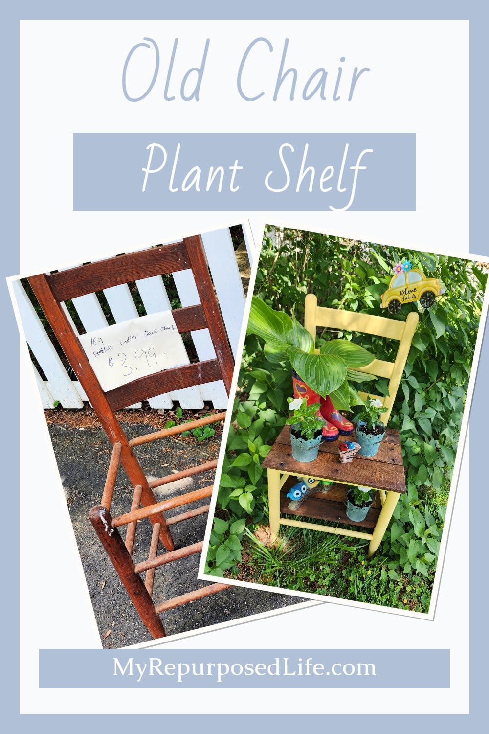 How to make a garden chair shelf out of an old ladder back chair. Tips for using pallet boards as the shelving. Easy chair upcycle. Use as a plant stand or a portable potting bench. via @repurposedlife