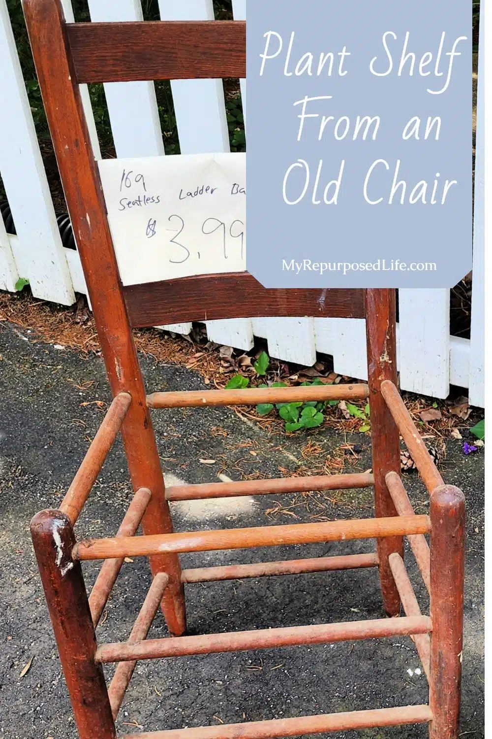 How to make a garden chair shelf out of an old ladder back chair. Tips for using pallet boards as the shelving. Easy chair upcycle. Use as a plant stand or a portable potting bench. via @repurposedlife