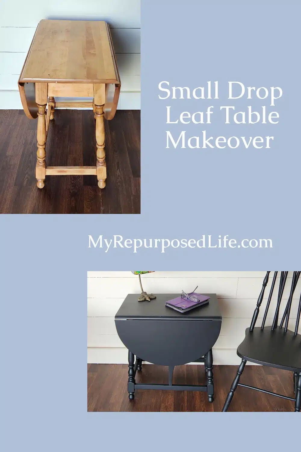 A free small drop leaf table gets a new, updated look using milk paint and a paint sprayer. Bonus: tips for prepping furniture, and four other projects because it's furniture fixer upper day. via @repurposedlife