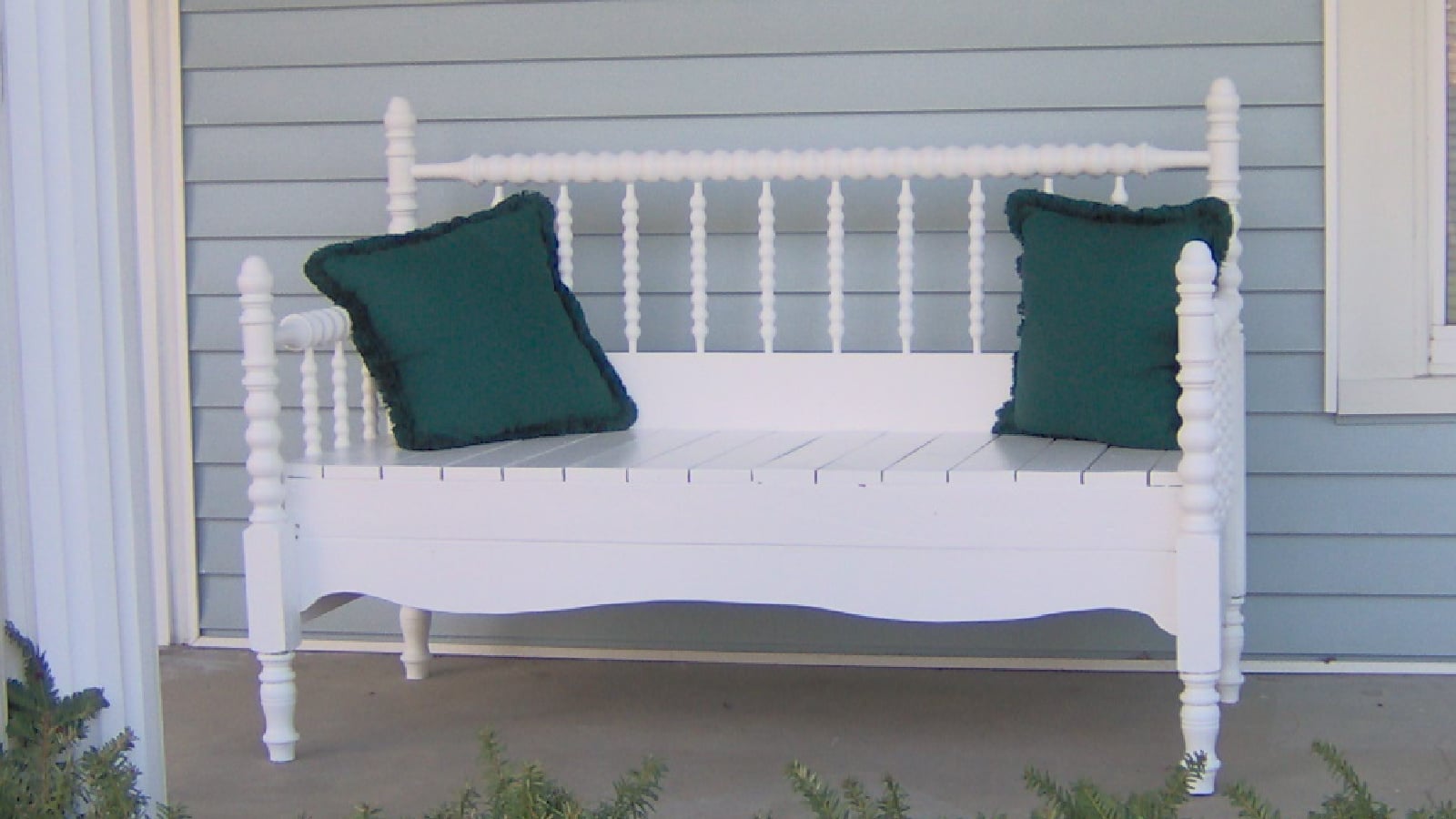 White Antique Spool Bed Headboard Bench