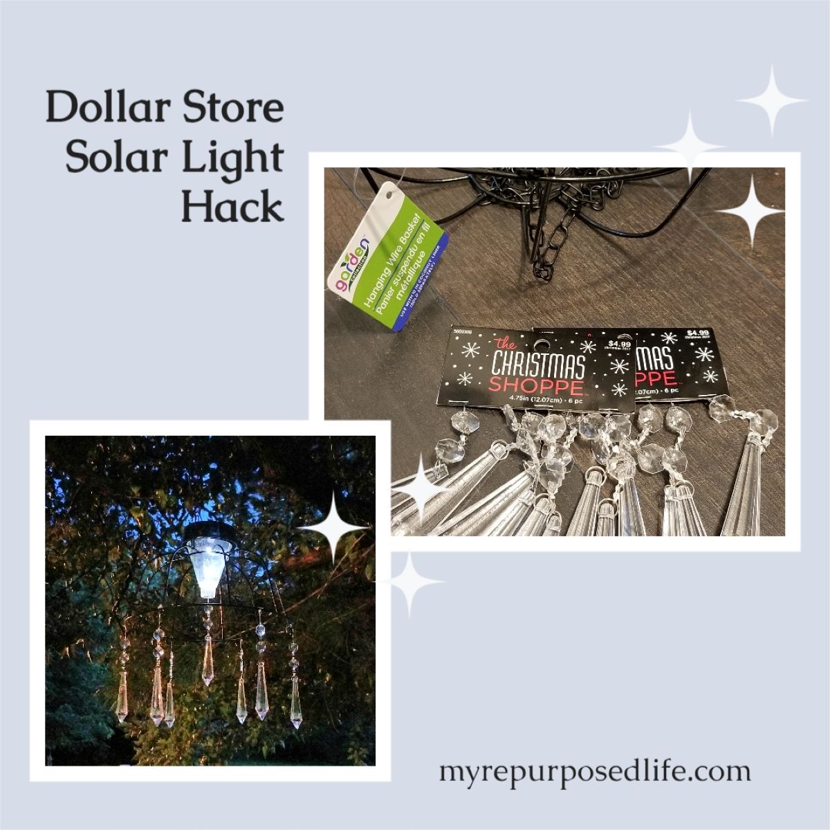 Hanging solar lights using glass chandelier bowls and dollar store items!