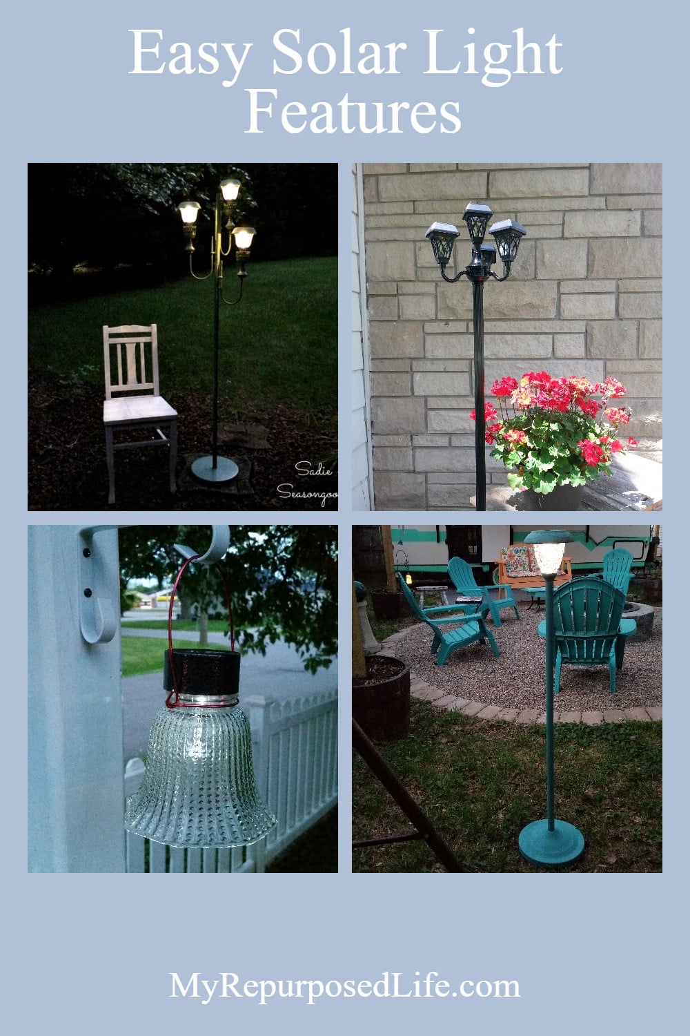 A collection of solar light features including upcycled lamps, chandeliers and more. Easy afternoon projects to light up your outdoor space. via @repurposedlife