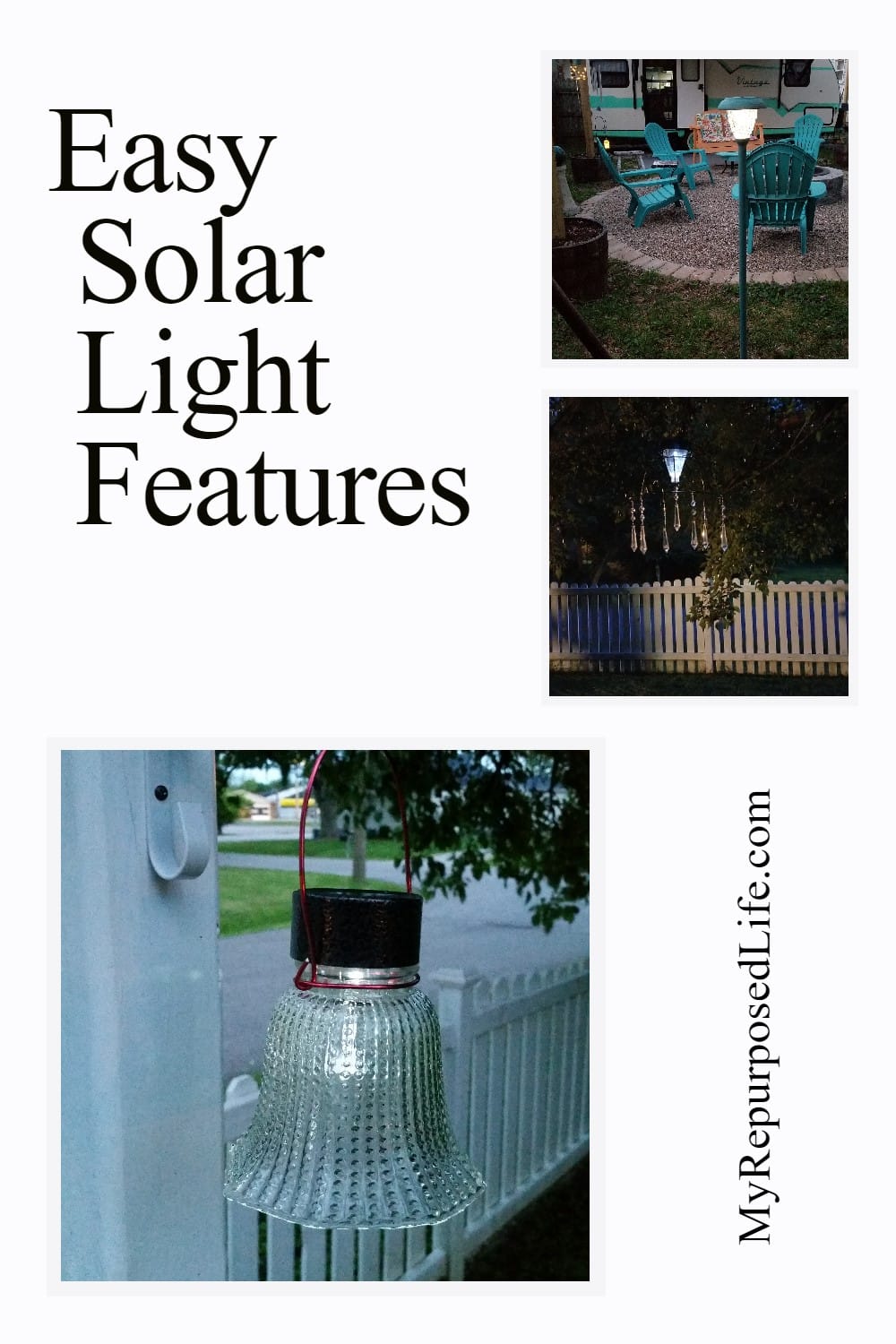 A collection of solar light features including upcycled lamps, chandeliers and more. Easy afternoon projects to light up your outdoor space. via @repurposedlife