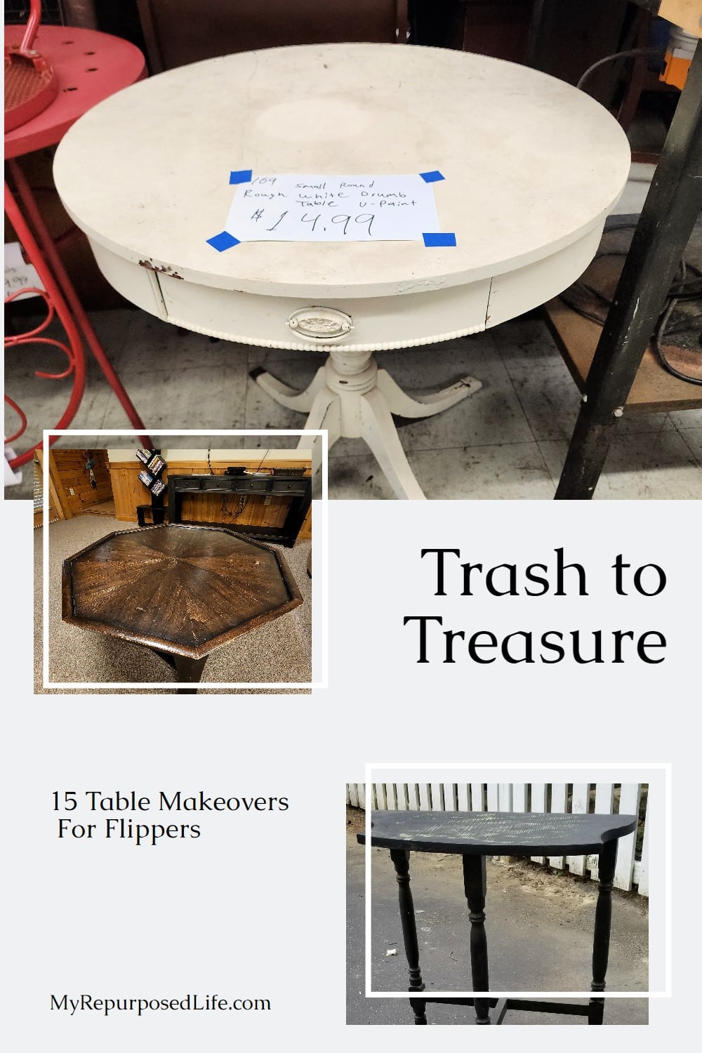 Trash to treasure furniture flipping. Fifteen easy table makeovers to inspire you even on the ugliest furniture you've ever seen. Say Yes! via @repurposedlife