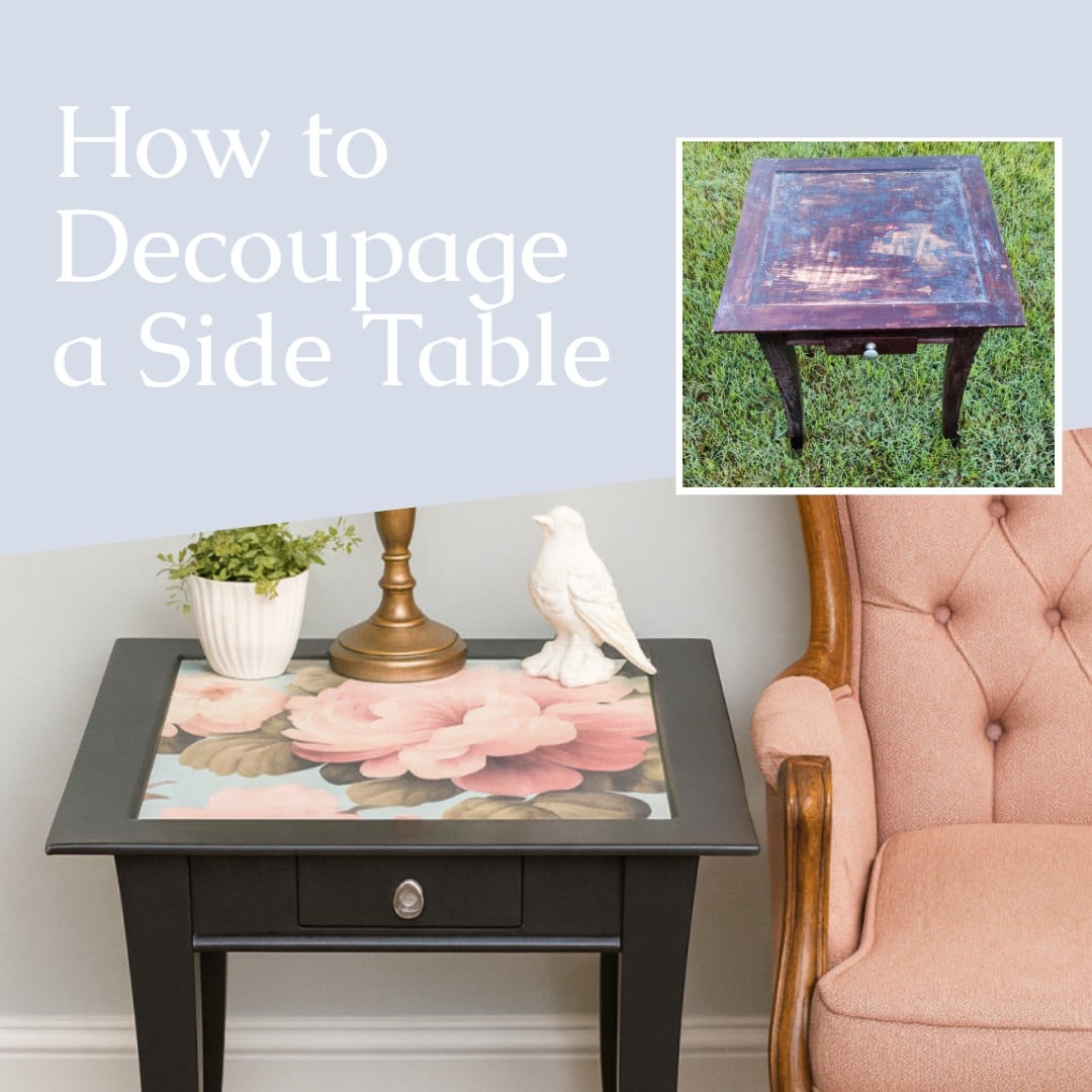 decoupage side table sitting next to a pink armchair